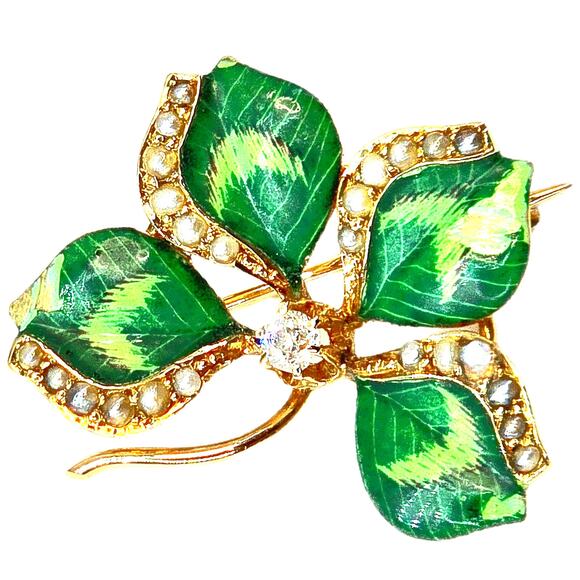 Vintage seed pearl enamel diamond 4 leaf clover brooch - Picture 1 of 8